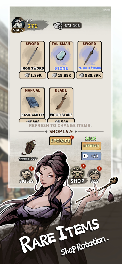 Inkblade Idlers: Wuxia RPG - A screenshot of the rare items shop in Inkblade Idlers featuring legendary weapons and a stylized character