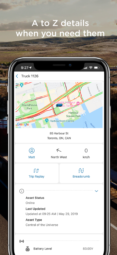 Fleet Complete app interface showing real-time truck location on a map with driver name and asset status details.