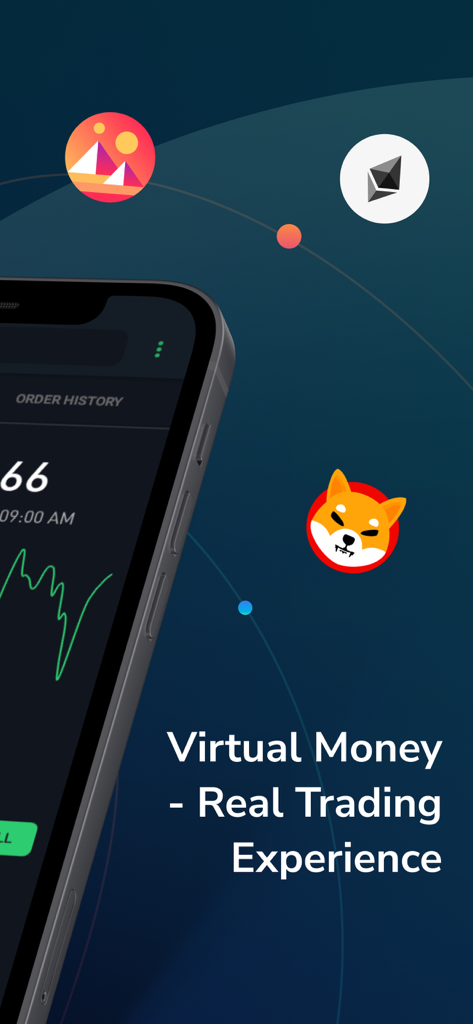 CryptoSim: Market Simulator - Smartphone displaying the CryptoSim virtual trading interface with floating cryptocurrency icons