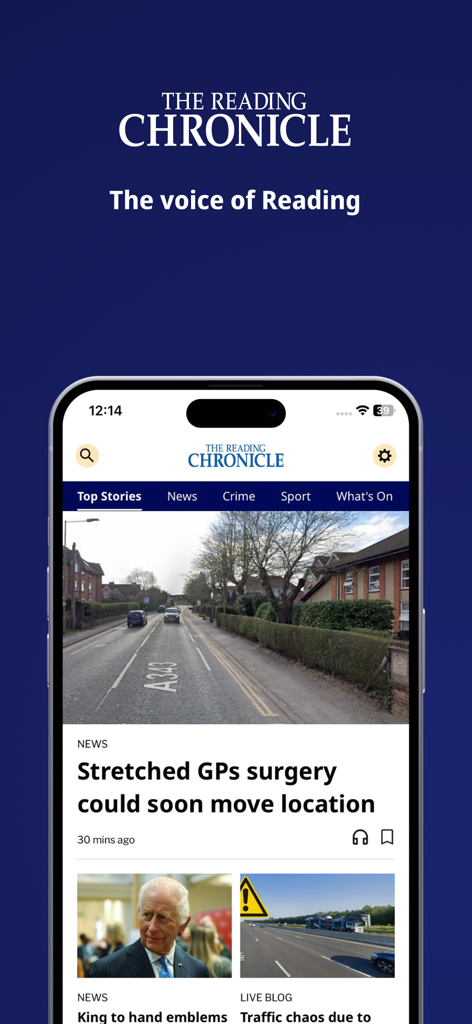 Reading Chronicle - Interfaz de la aplicación móvil Reading Chronicle en un smartphone que muestra las principales noticias locales.