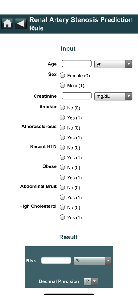 EBMcalc Kidney - A medical calculation tool for Renal Artery Stenosis Prediction Rule with input fields for clinical data.
