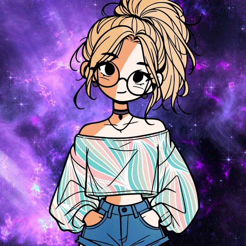 girl with a messy ponytail glasses a baggy crop top and jean shorts
