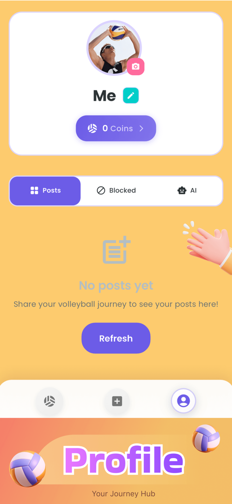 La pantalla de perfil de la app Voiya que muestra un centro de viaje de voleibol personalizado.