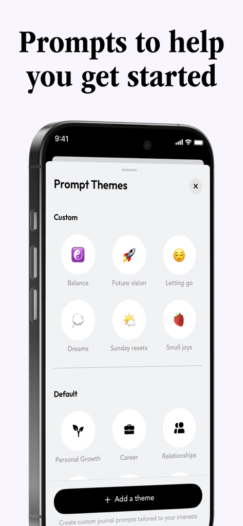 Glimpse - Voice Journal - A mobile screen from the Glimpse app showing various journal prompt themes including personal growth, career, and relationships.