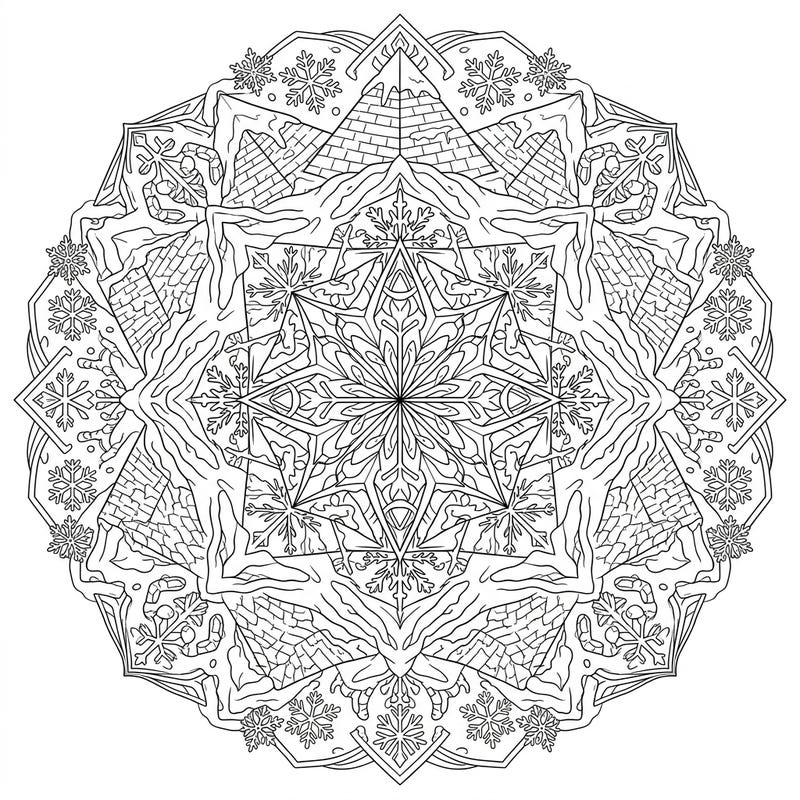 Embark on a unique coloring adventure with this exquisite Winter Pyramid Mandala. This intricate design blends the ancient mystique of pyramids with the serene beauty of a snowy landscape.