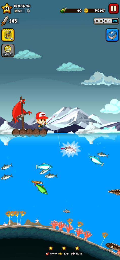 Fishing Break - Gameplay screenshot of Fishing Break showing a character on a raft catching fish in a snowy mountain environment with an underwater view.