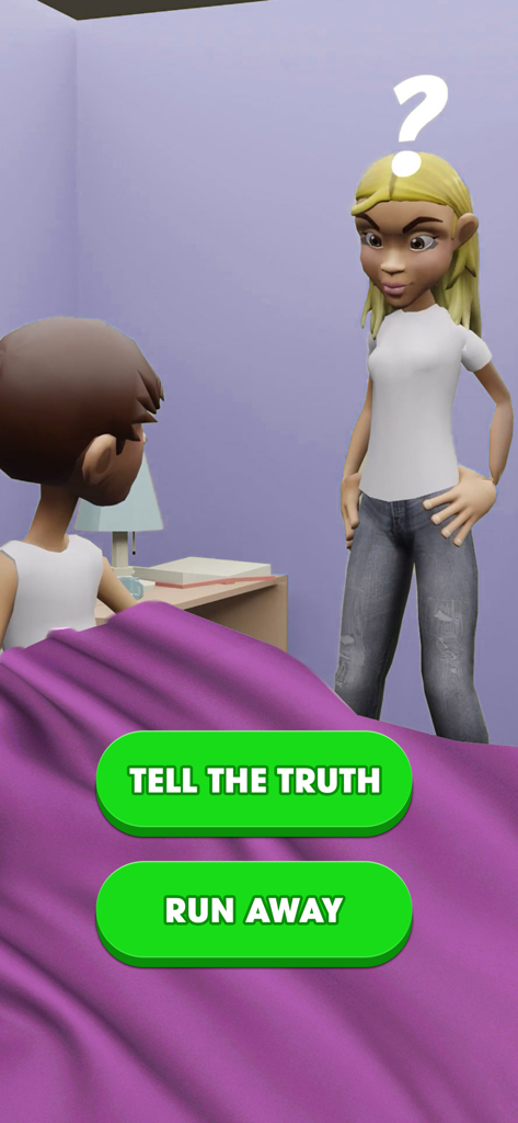 Kiss in Public: Dating Choices - 『Kiss in Public』のゲームプレイ画面で、キャラクターが真実を話すか逃げるかの選択肢が表示されています