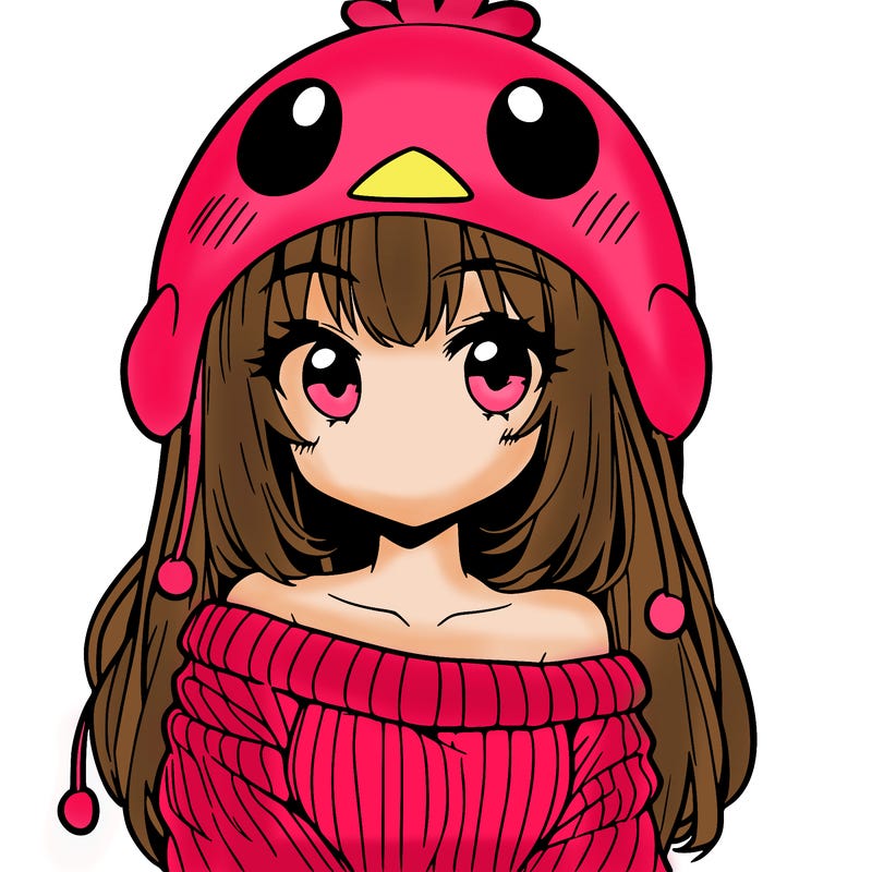 anime girl with chick shaped hat with sweater with bare shoulders with bangs covering them one eye with low tail