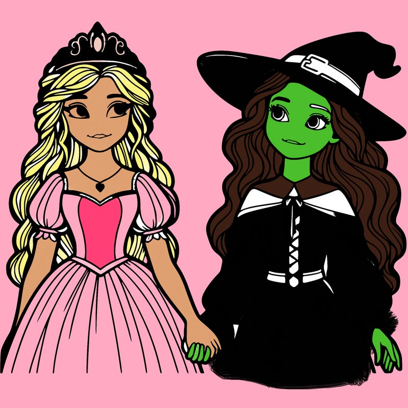 a princess and a witch holding hands realistic