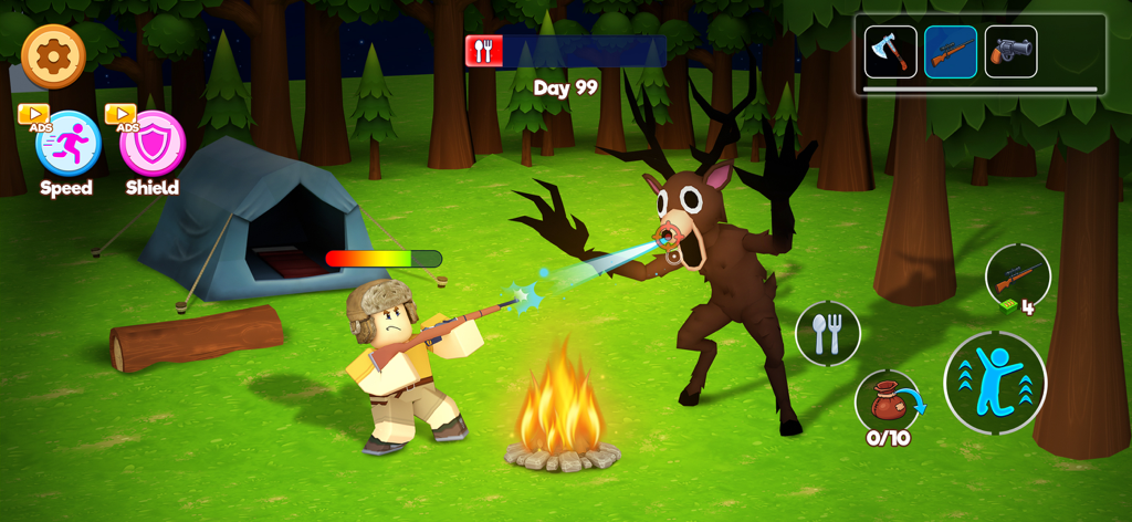 Survive in 999 Nights Forest - A character shooting a creepy deer creature by a campfire in a forest survival game
