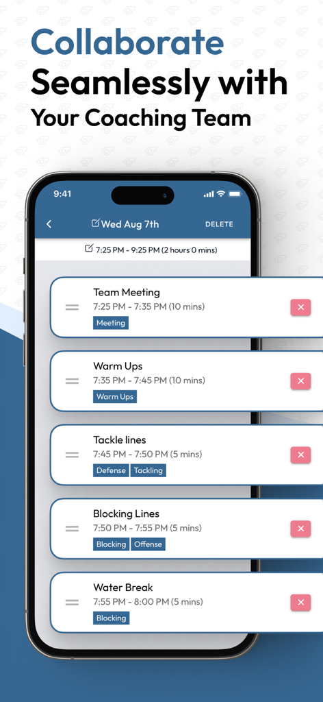 Practice Plan App - Smartphone screen displaying a timed sports practice schedule for coaches