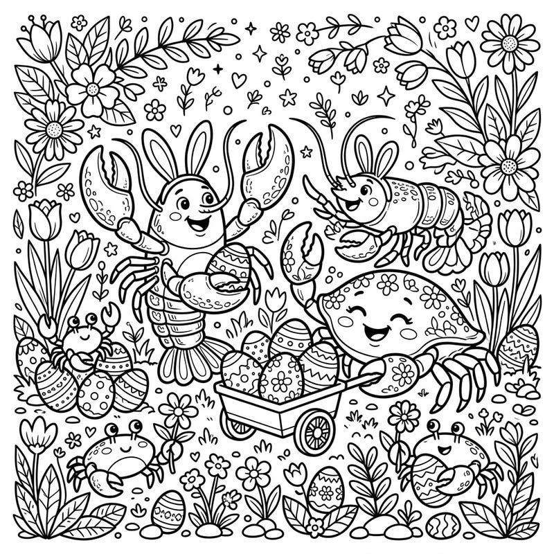 Dive into an adorable Easter celebration with this unique coloring page featuring happy crabs and lobsters. They're ready for spring with bunny ears, decorated eggs, and cheerful smiles, all waiting for your creative touch.