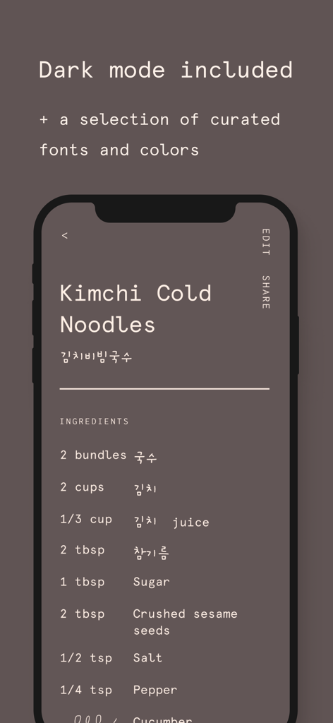 Mise app interface displaying a Kimchi Cold Noodles recipe in dark mode with minimalist typography.