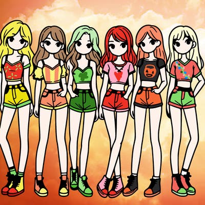 a group of girls wearing crop tops and shorts