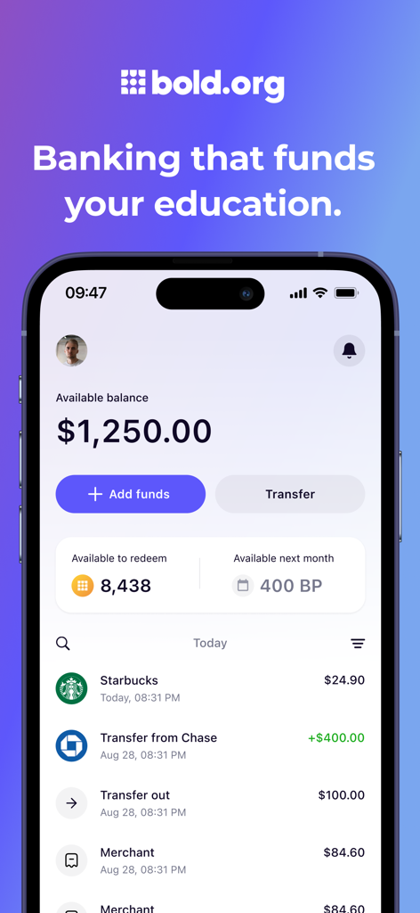 Bold.org - Bold org mobile app dashboard displaying available balance and education rewards
