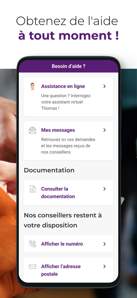 My Savings - Help and support screen of the My Savings app by Natixis Interepargne showing online assistance and contact options.