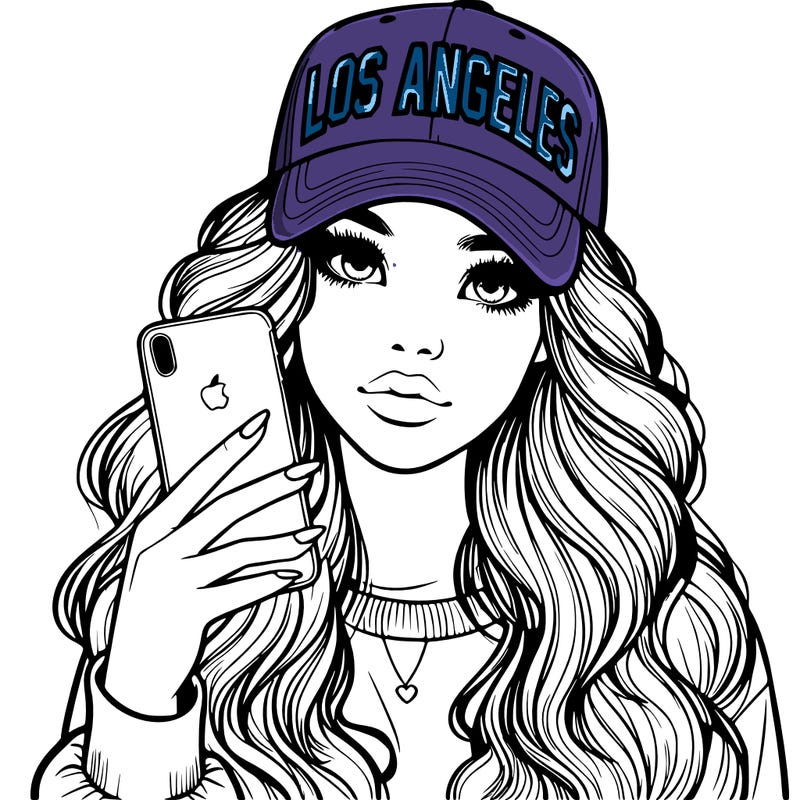 realistic beautiful girl wearing los ángeles cap holding an iphone