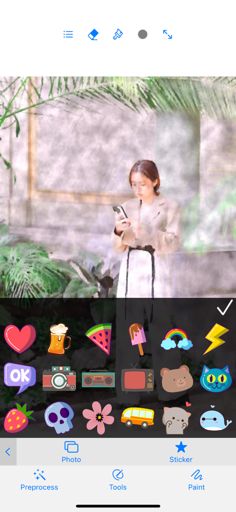 Monet - photo to pastel - Sticker selection menu in the Monet photo to pastel app over a stylized pastel portrait