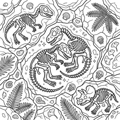 Dive into the ancient world with this captivating coloring page featuring juvenile dinosaur skeletons. Discover fossilized remains nestled among prehistoric plants and rock formations, perfect for a paleontological adventure.