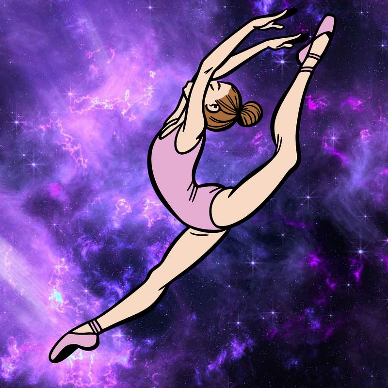 gymnast doing a leap in a leotard with a bent back leg