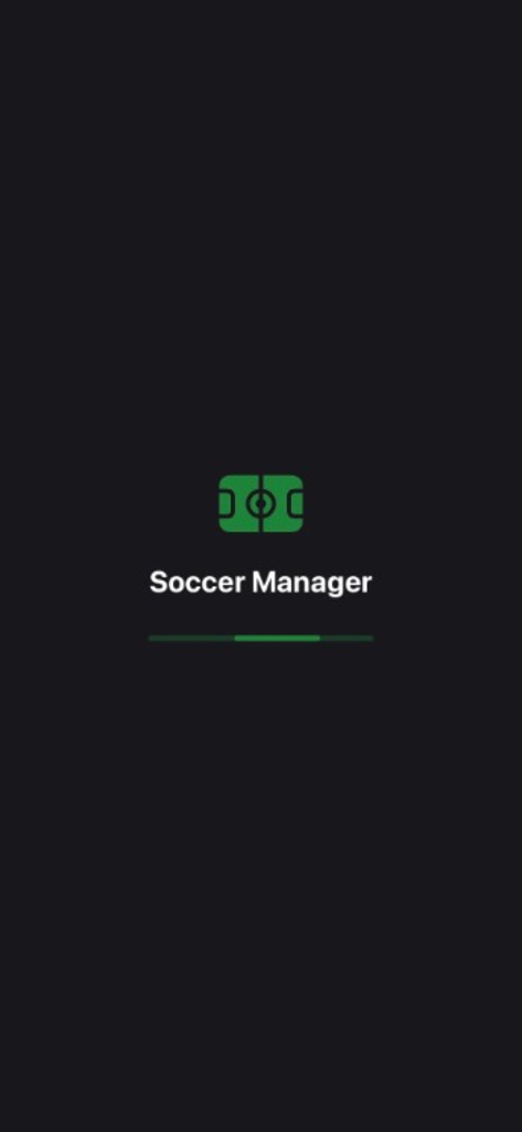 Pantalla de carga de la aplicación Soccer Manager con un icono de campo de fútbol verde y una barra de progreso