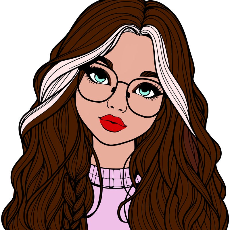 girl with long hair and freckles and glasses realistic