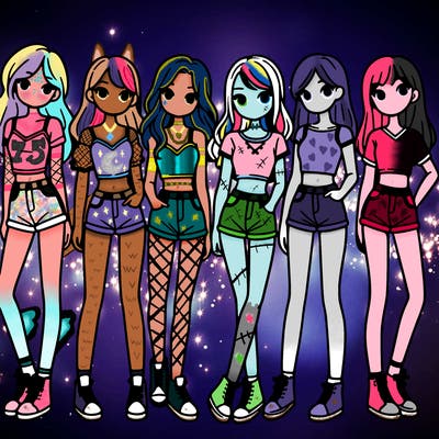 a group of girls wearing crop tops and shorts