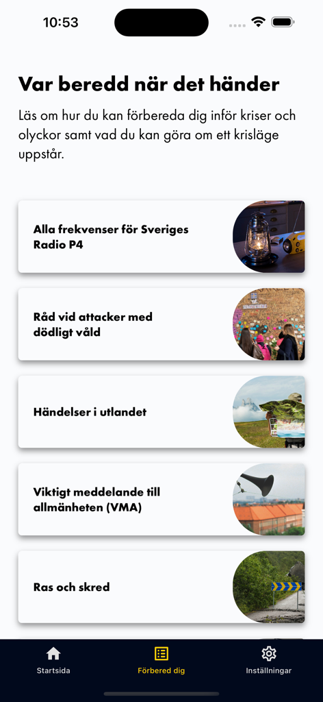 Krisinformation App-Oberfläche mit Kategorien zur Notfallvorsorge und Sicherheitsanleitungen