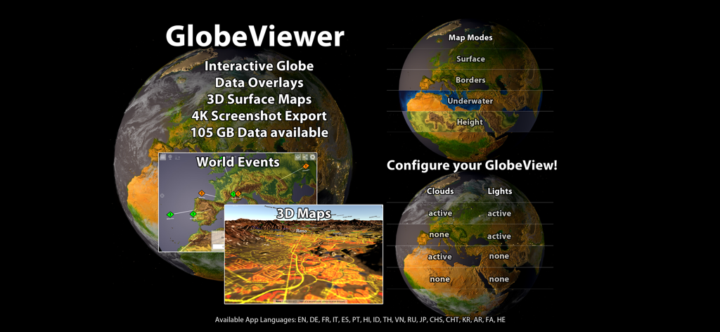 GlobeViewer PRO - GlobeViewer PROのインターフェース。3Dインタラクティブグローブ、世界イベント追跡、高解像度地形図モードを表示