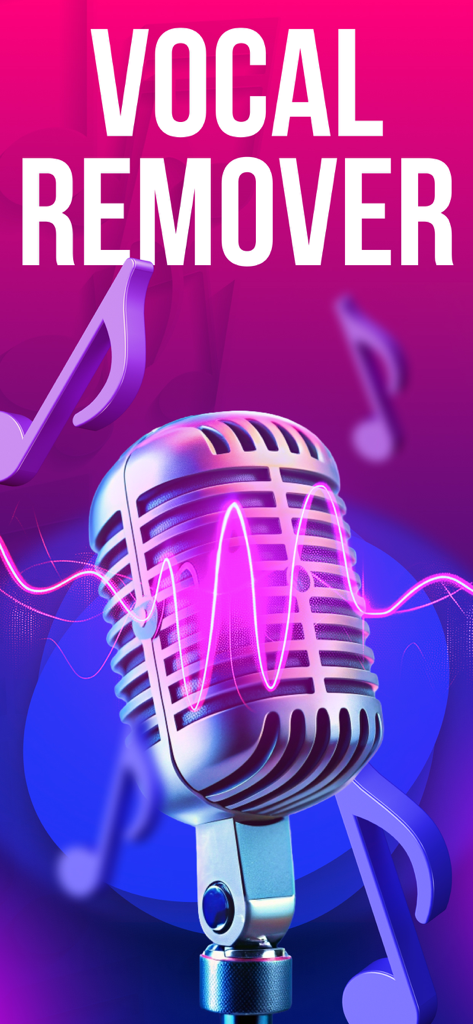 Tela promocional do aplicativo Removedor Vocal apresentando um microfone vintage e ondas sonoras de neon