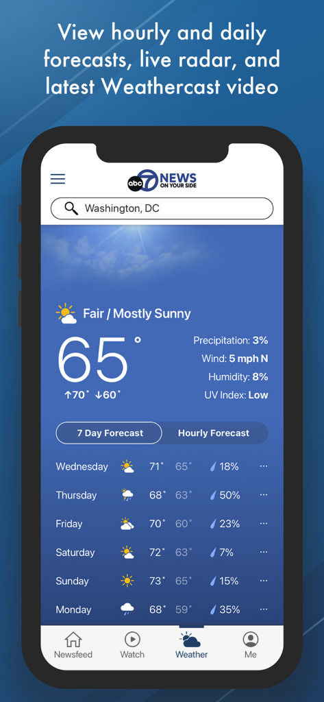 ABC7-WJLA mobile app showing the 7-day weather forecast for Washington DC