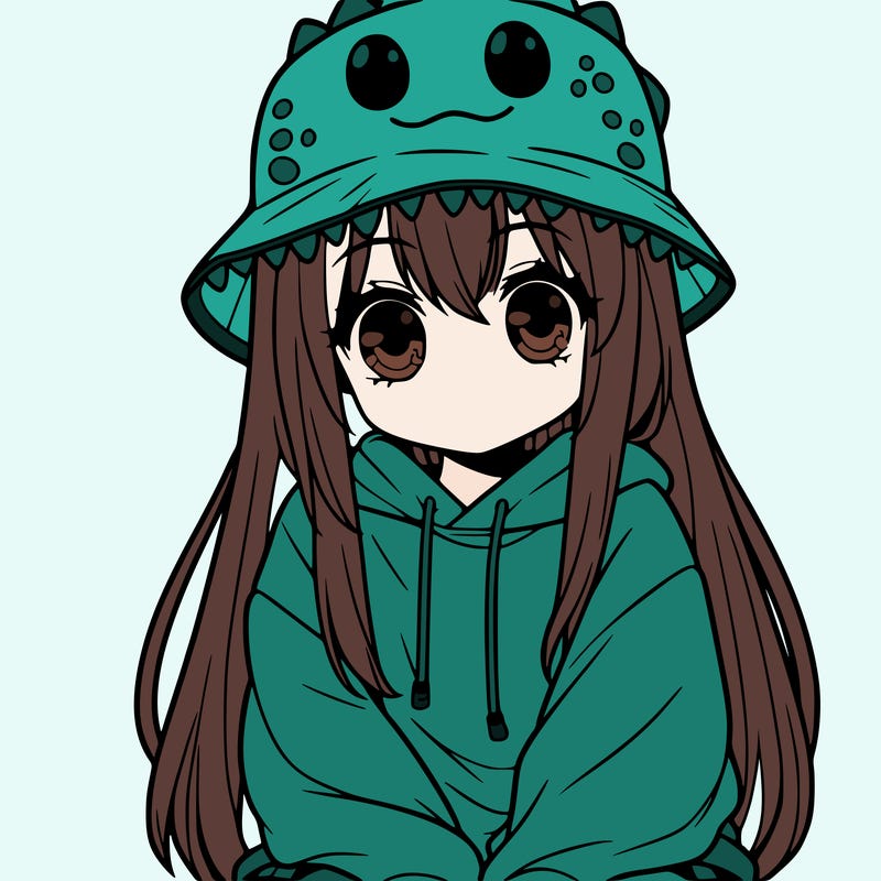 girl with anime shaped eyes with a dinosaur bucket hat oversized sweatshirt long straight hair