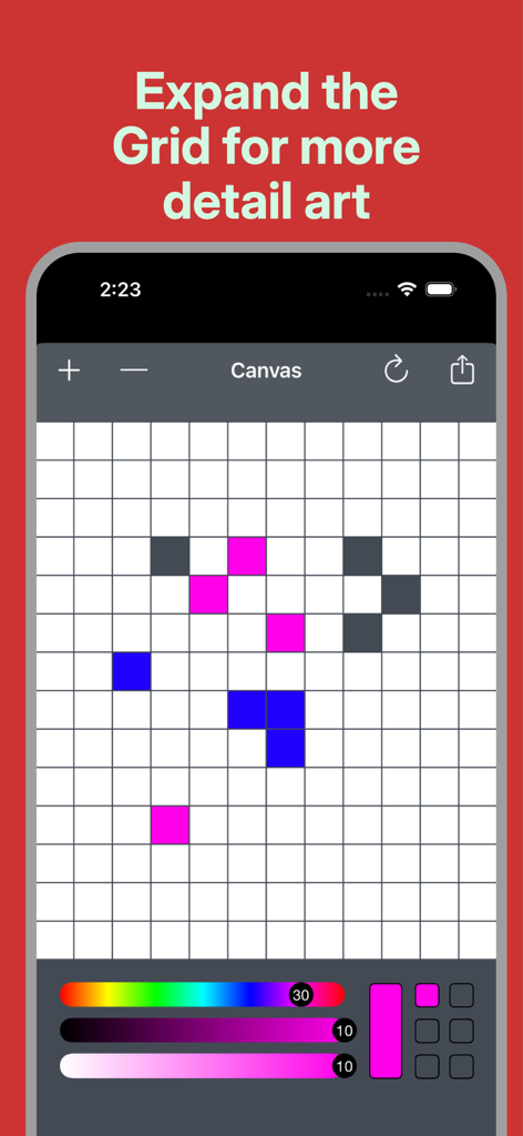 A mobile phone screen showing a pixel art drawing app with a white grid and colorful pixels