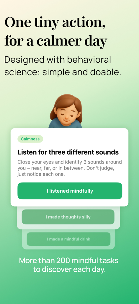 A minimalist interface of the noorish app displaying a daily mindful task to listen for three different sounds to promote calmness.