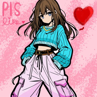 anime teen girl with baggy pants and crop top with sweater