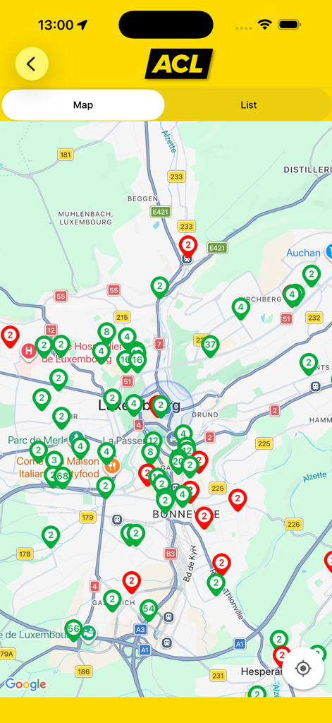 ACL App - Visualização de mapa do App ACL exibindo postos de carregamento elétrico em todo o Luxemburgo com ícones de status verde e vermelho