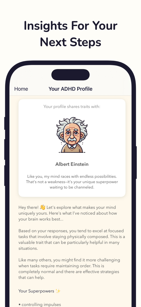 ADHD Test App - Une capture d'écran de l'application Test TDAH montrant un écran de profil TDAH personnalisé avec des aperçus comparant l'utilisateur à Albert Einstein et listant leurs superpouvoirs.