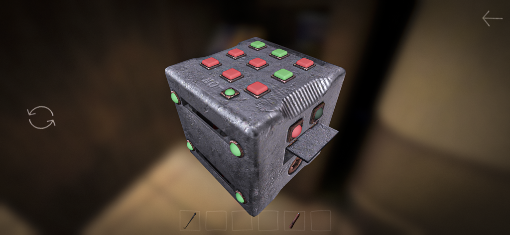 911: Prey (Horror Escape Game) - Un cubo rompecabezas metálico con botones rojos y verdes en el juego de escape de terror 911 Prey