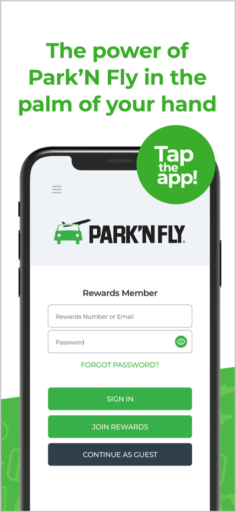 Park’N Fly Canada - Login screen of the Park n Fly Canada airport parking app with rewards program options
