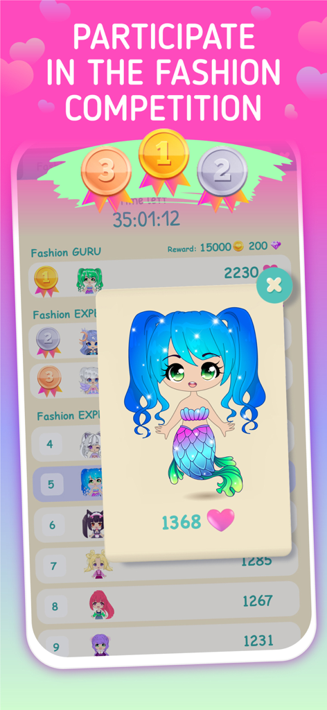 Chibi Doll Maker Dress Up Game - Fashion competition leaderboard in the Glamora app showing a Chibi mermaid character and player rankings.