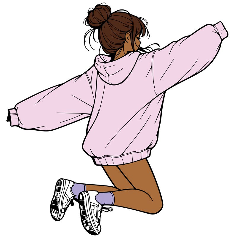 realistic girl jumping with a bun and oversized sweatshirt