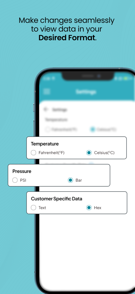 TE SensorConnect - Schermata delle impostazioni dell'app TE SensorConnect che mostra opzioni di unità per la temperatura in Fahrenheit o Celsius e la pressione in PSI o Bar.