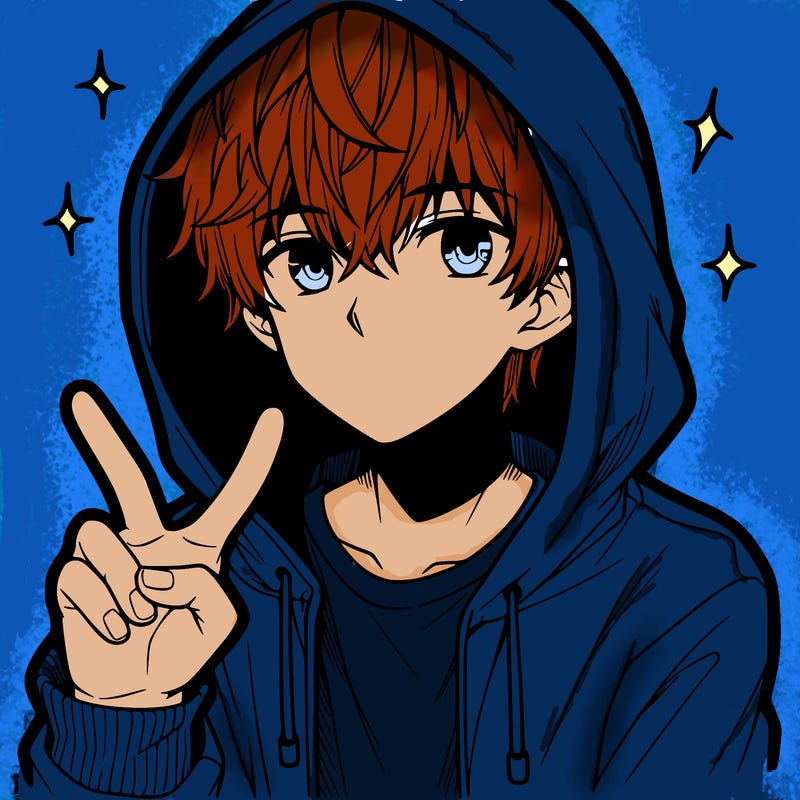 teenage manga boy in a hoodie, doing ✌