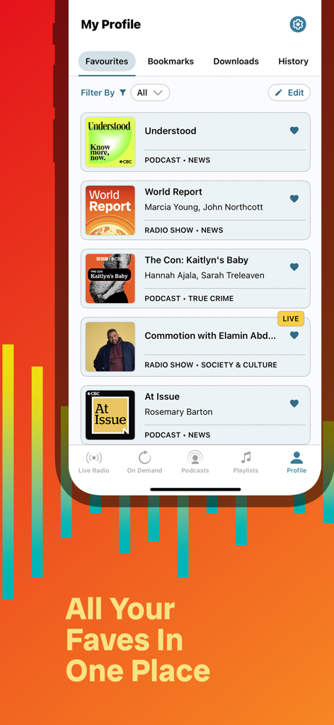 CBC Listen - CBC Listen app My Profile screen showing a list of favorite podcasts and radio shows