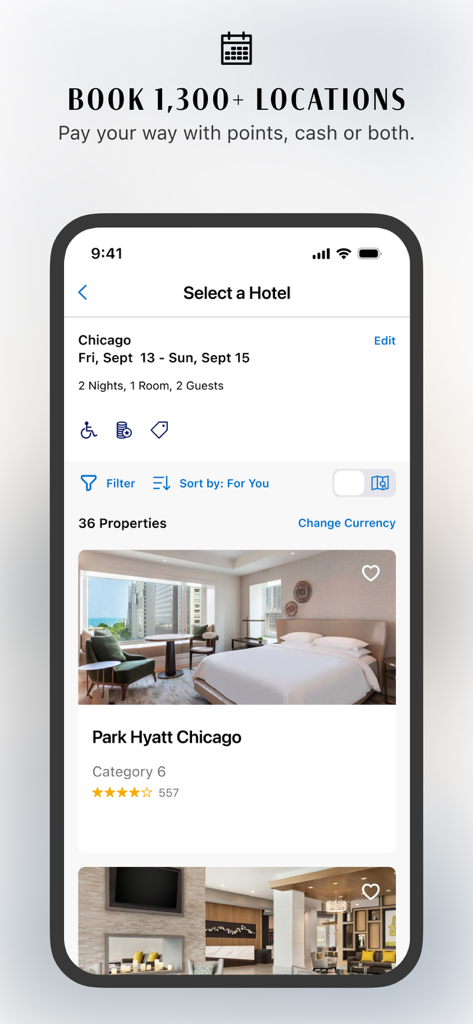 World of Hyatt: Book Hotels - World of Hyattモバイルアプリのインターフェース、シカゴのホテル予約検索結果を表示、Park Hyattがフィーチャーされている