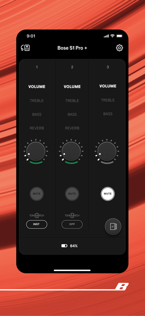 Bose app mixer screen for the S1 Pro plus speaker showing channel volume and EQ settings
