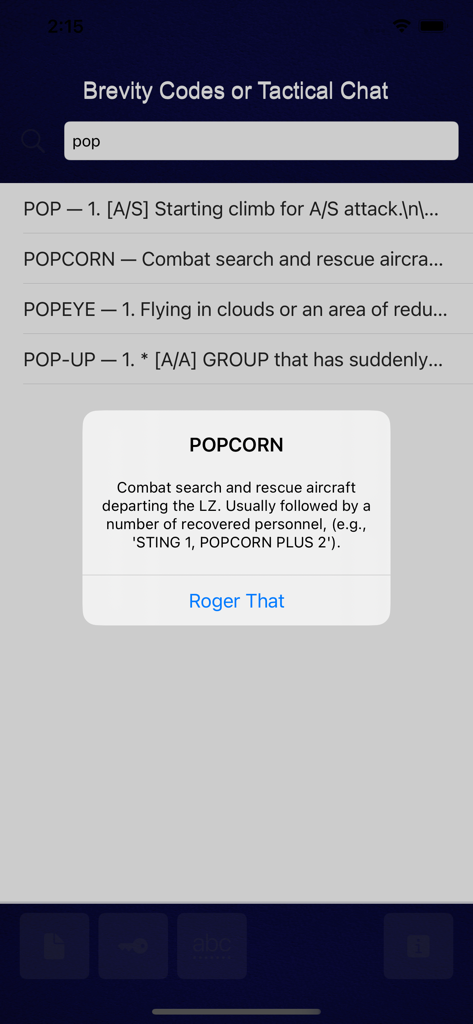 Brevity Code mobile app interface showing search results for tactical military terms and a definition popup for the word popcorn