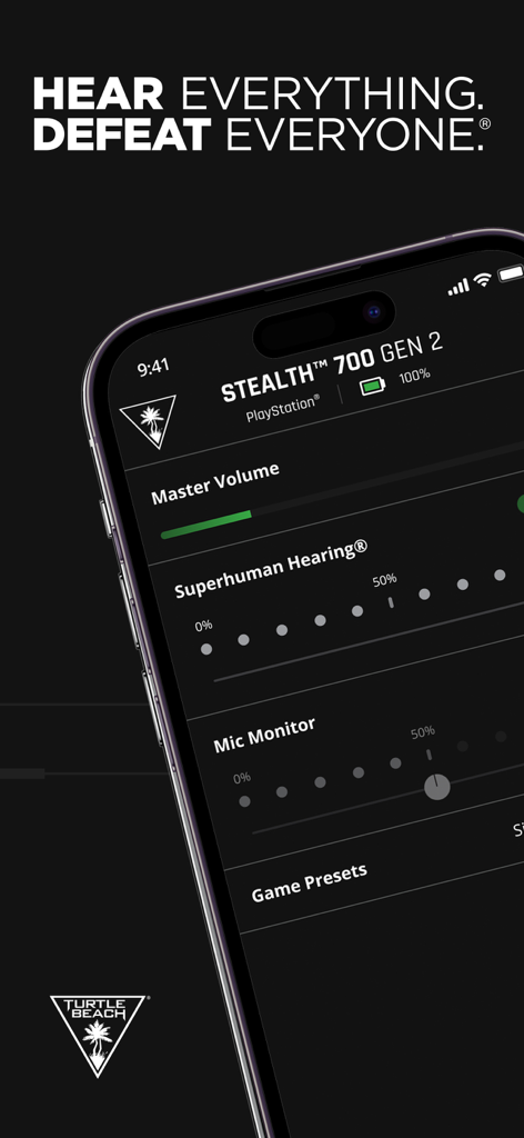 Turtle Beach Audio Hub - Turtle Beach Audio Hub app interface on an iPhone displaying audio controls for Stealth 700 Gen 2 headset