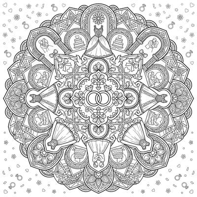 Immerse yourself in the beauty of love with this exquisite geometric mandala coloring page, intricately designed with romantic wedding motifs. From elegant dresses to delicate rings, it offers a relaxing and joyful coloring experience for adults and teens.