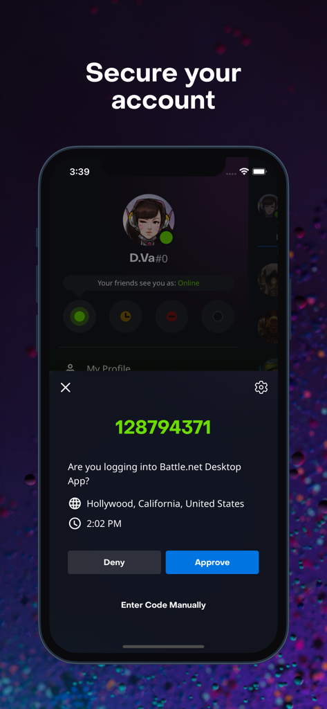 Battle.net mobile app authenticator screen showing login approval prompt
